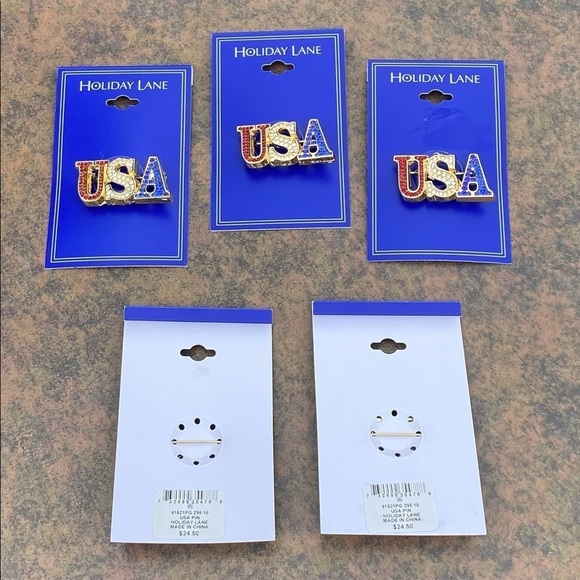 NWT SET LOT OF 5 HOLIDAY LANE USA RED WHITE BLUE CRYSTAL PIN BROOCH - Picture 3 of 4